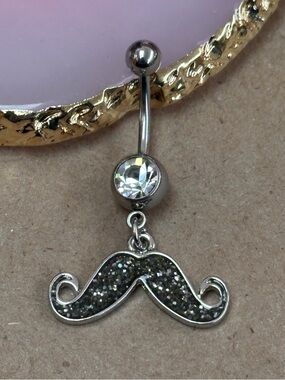 CLEAR GEM BLACK GLITTER MUSTACHE DANGLE BELLY BUTTON RING NAVEL PIERCING NEW 14G
